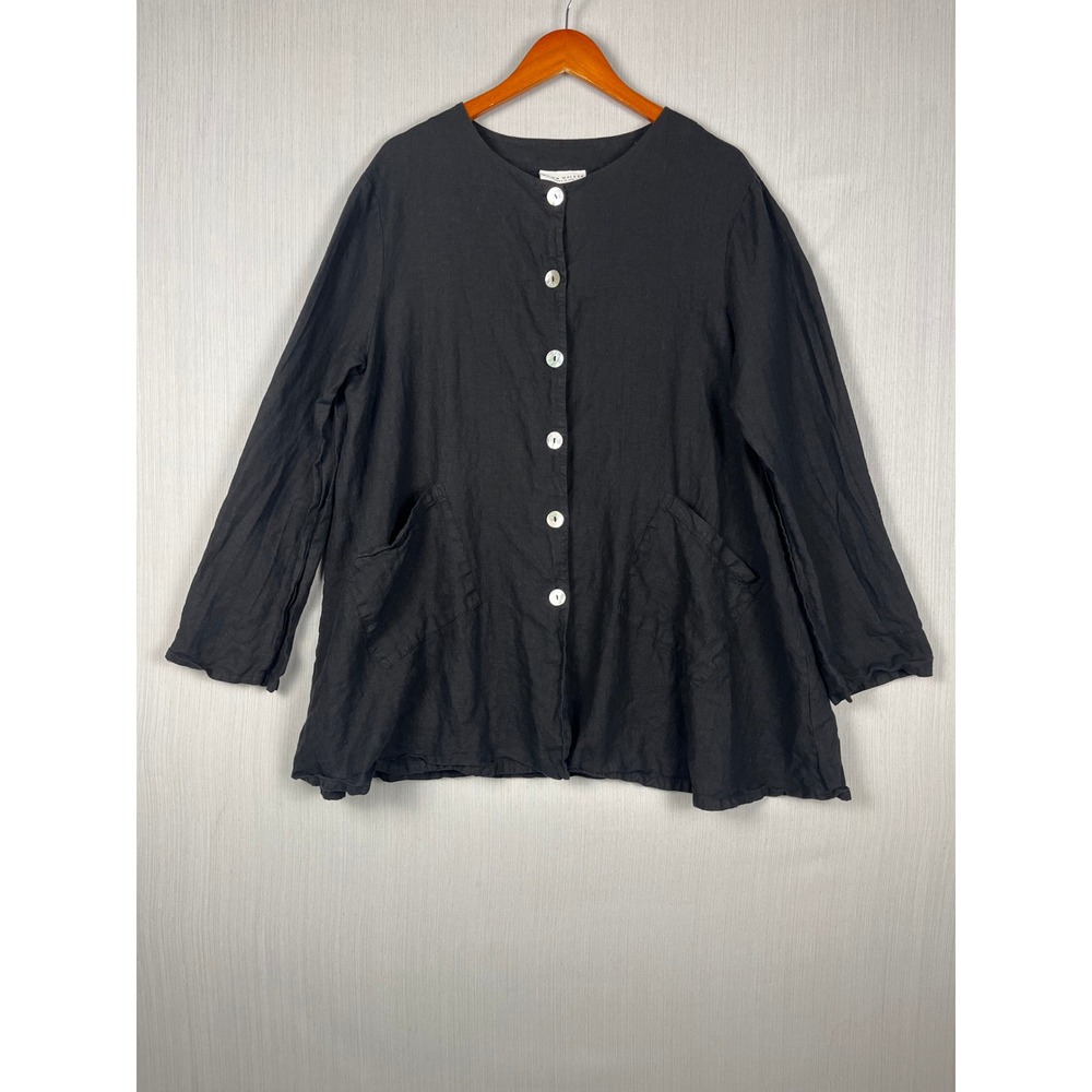 Bryn Walker Mother of Pearl Button Front L Black Linen Tunic Lagenlook Coastal - Picture 2 of 11
